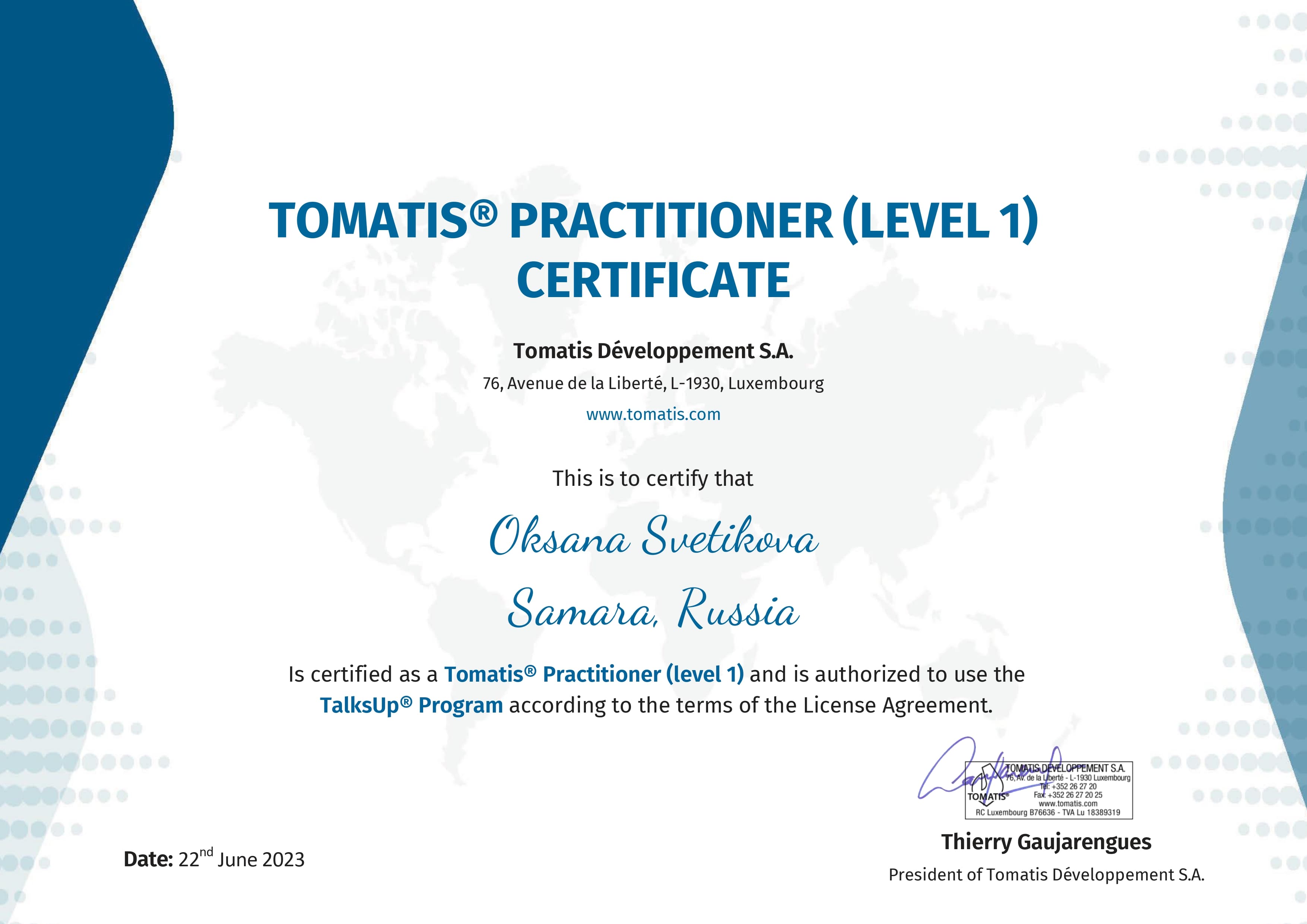 Сертификат о Томатис терапии 1 уровень
